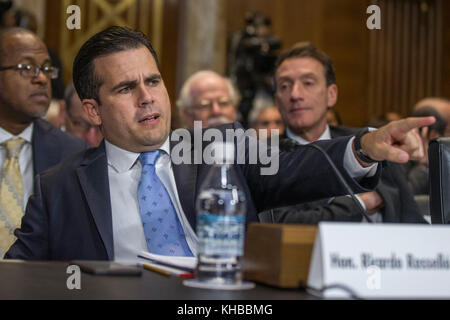 Washington DC, USA. 14th Nov, 2017. Governor of the Commonwealth of Puerto Rico, Ricardo Rosselló Nevares during a hearing before the United States Senate Energy and Natural Resources Committee to examine hurricane recovery efforts in Puerto Rico and the United States Virgin Islands on Capitol Hill in Washington, DC on November 14th, 2017. Credit: MediaPunch Inc/Alamy Live News Stock Photo