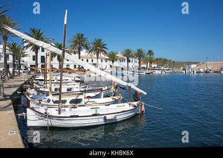 Moored fishing boats Fornells Menorca Spain Stock Photo