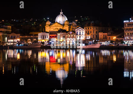 Amazing view of the port and the city of Mytilene at night.Mytilene is the capital and port of the island of Lesvos and also the biggest island of the Stock Photo