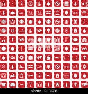 100 fitness icons set grunge red Stock Vector