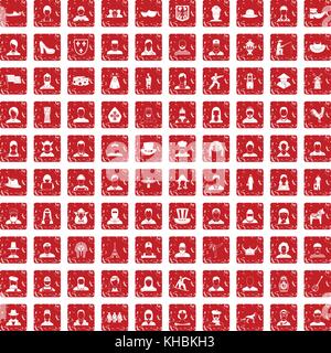 100 folk icons set grunge red Stock Vector
