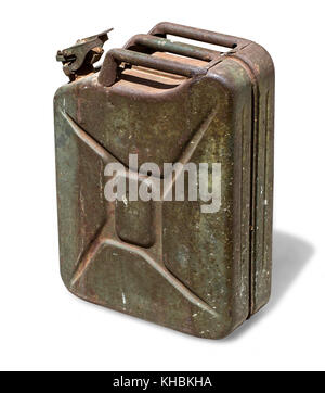 Old rusty canister, jerrycan isolated on white background, with clipping path Stock Photo