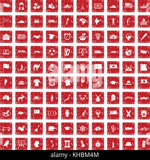 100 geography icons set grunge red Stock Vector