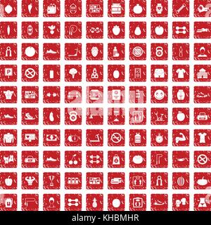 100 gym icons set grunge red Stock Vector