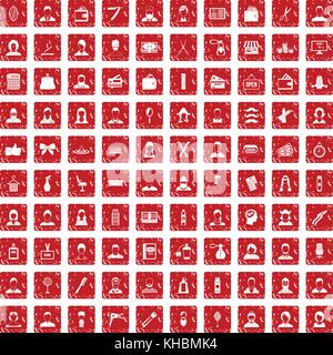 100 hairdresser icons set grunge red Stock Vector