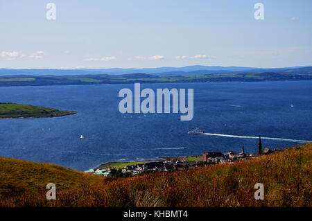 Hazy Arran under clouds in Summer with good detail on Arran taken from Fairlie Moor near Largs Stock Photo