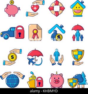 Insurance icons set, cartoon style Stock Vector