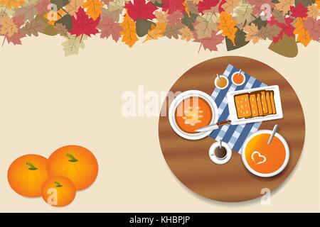 Top view on the rounded wooden table autumn pumpkin menu. The top edge of the vector is ribbed with colorful autumnal leaves. Free place is ready for  Stock Vector
