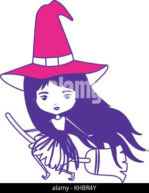 cute witch flying in broom on color sections silhouette Stock Vector