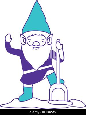 gnome with costume and shovel on color sections silhouette Stock Vector