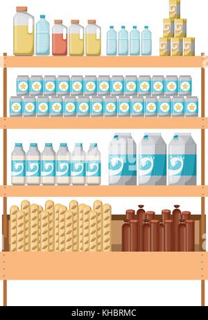 supermarket shelf colorful with foods and beverages Stock Vector