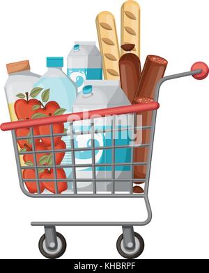 supermarket shopping cart with foods sausage and bread apples and drinks orange juice and water bottle and milk carton Stock Vector