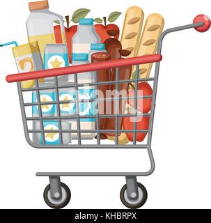 supermarket shopping cart with foods sausage and bread apples and drinks orange juice and water bottle and lacteal Stock Vector