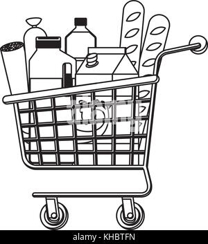 supermarket shopping cart with foods sausage bread and drinks juice and water bottle and milk carton in monochrome silhouette Stock Vector