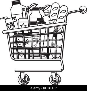supermarket shopping cart with foods sausage and bread apples and drinks orange juice and water bottle and lacteal in monochrome silhouette Stock Vector