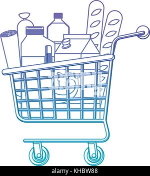 supermarket shopping cart with foods sausage bread and drinks juice and water bottle and milk carton in degraded purple to blue color contour Stock Vector