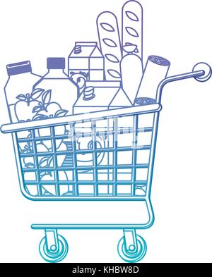 supermarket shopping cart with foods sausage and bread apples and drinks orange juice and water bottle and milk carton in degraded purple to blue color contour Stock Vector