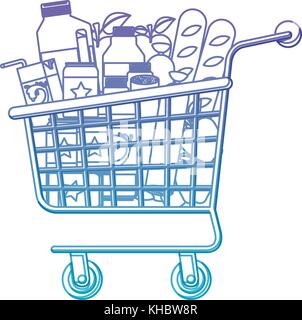 with foods sausage and bread apples and drinks orange juice and water bottle and lacteal i in degraded purple to blue color contour Stock Vector
