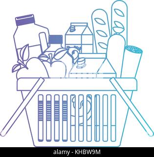 shopping basket with foods sausage and bread apples and drinks orange juice and water bottle and milk carton in degraded purple to blue color contour Stock Vector