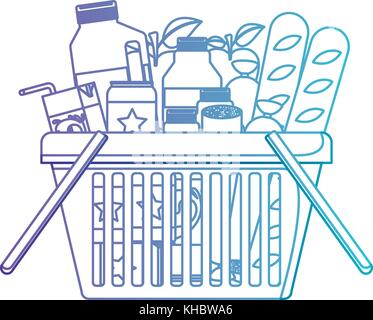 shopping basket with foods sausage and bread apples and drinks orange juice and water bottle and lacteal in degraded purple to blue color contour Stock Vector