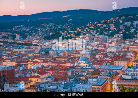 Trieste Italy city, aerial view of the center of Trieste at dusk, Friuli Venezia Giulia, Italy. Stock Photo