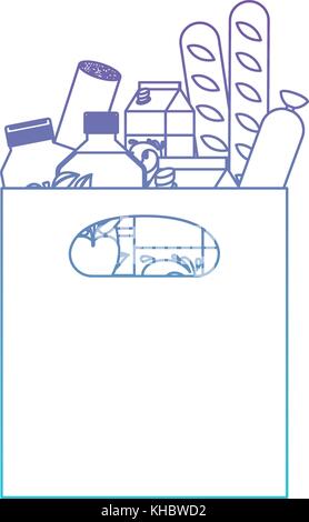 rectangular paper bag with handle and foods sausage and bread apples and drinks orange juice and water bottle and milk carton in degraded purple to blue color contour Stock Vector