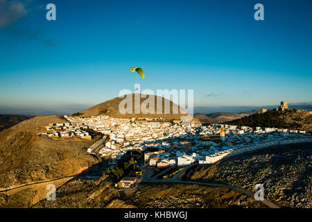 Paraglider, white village Teba, Andalusia, Spain Stock Photo