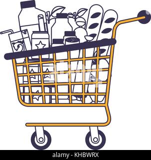 supermarket shopping cart with foods sausage and bread apples and drinks orange juice and water bottle and lacteal in color sections silhouette Stock Vector