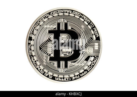 Symbol image digital currency, silver physical coin Bitcoin Stock Photo