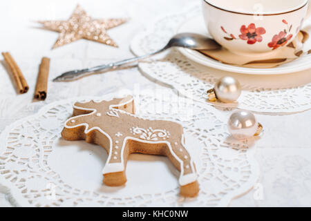 Cute decorated gingerbread cookie in the shape of an Elk Stock Photo