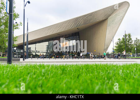 ROTTERDAM, HOLLAND - AUGUST 24, 2017; Low point of view angular archtiectural  roof lines of Central Railway Station Stock Photo