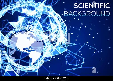 Blue technology background. Geography concept. Glowing blue plexus structure backdrop with Earth planet and particles. Abstract geometric network with geographic map. Technology vector illustration. Stock Vector