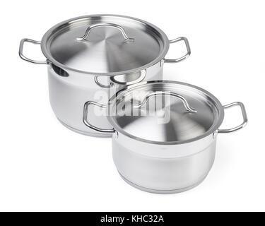 Two stainless steel pots. Isolated on white background with clipping pathg Stock Photo