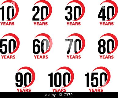 Anniversary sign set, black numbers with red abstract arc ribbon, birthday vector logo, business celebration icon collection. Stock Vector
