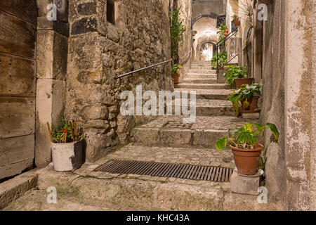 Pacentro (L'Aquila, Italy) - Night landscape of the little ancient town Stock Photo