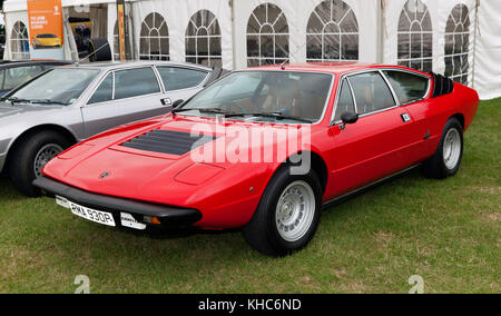 Three-quarter front view of a red, Lamborghini Urraco, on  display at the 2017 Silverstone Classic Stock Photo