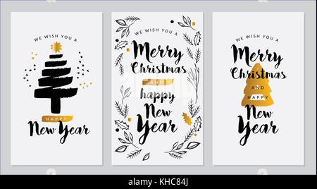 Vector set of hand drawn of greeting cards. Great print for invitations, posters, tags. Merry Christmas.Happy New Year. Happy holidays. Festive banner Stock Vector