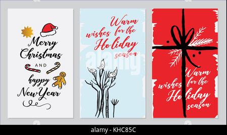 Vector set of hand drawn of greeting cards. Great print for invitations, posters, tags. Merry Christmas.Happy New Year. Happy holidays. Festive banner Stock Vector