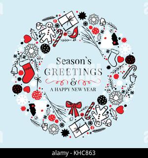 Vector set of hand drawn of greeting cards. Great print for invitations, posters, tags. Merry Christmas.Happy New Year. Happy holidays. Festive banner Stock Vector