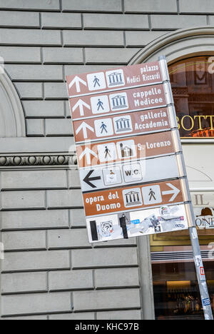 Florence, Italy - October 31st, 2017: Street signs to popular tourist attractions in Florence, Tuscany, Italy Stock Photo