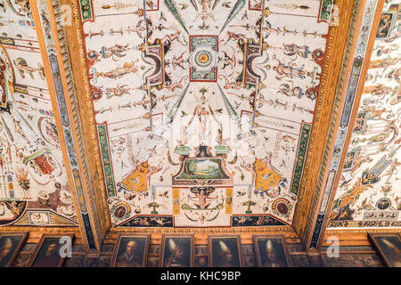 Florence, Italy - October 31st, 2017: Artwork in the roof of the famous corridors of Uffizi Galleries in Florence, Tuscany, Italy Stock Photo