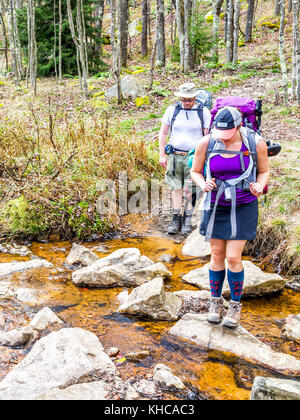 Dolly Sods, USA - October 15, 2017: Two hikers backpackers backcountry crossing small river, creek or stream during fall autumn on trail path using st Stock Photo