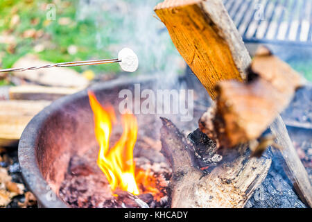 Closeup of one white marshmallow caramelizing on fire showing detail and texture by campground campfire grill in outdoor park with flame, smoke Stock Photo