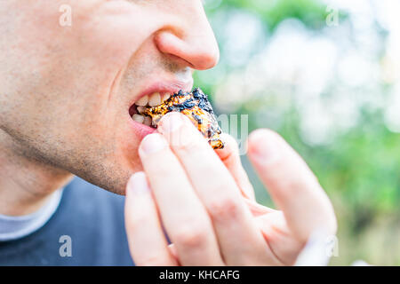 Young man eating roasted caramelized marshmallow skewer closeup macro portrait showing teeth, biting, mouth, face Stock Photo