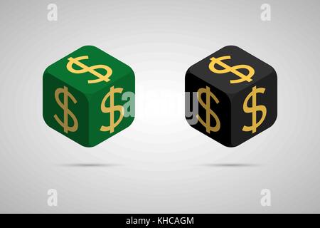 Dollar. Green and Black Dollar Cube. Isometric Cube with Golden Dollar Sign on the Sides. Isolated Cubic Figure with Shadow Stock Vector