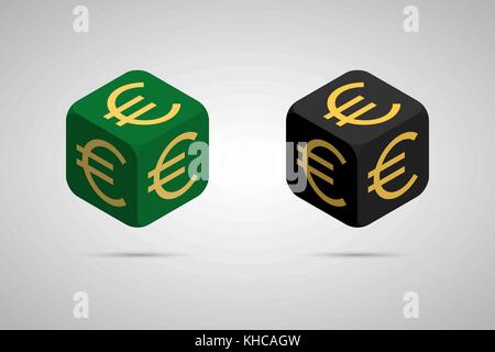 Euro. Green and Black Euro Cube. Isometric Cube with Golden Euro Sign on the Sides. Isolated Cubic Figure with Shadow Stock Vector