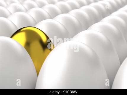 3D rendering of rows of white eggs with one golden egg among Stock Photo