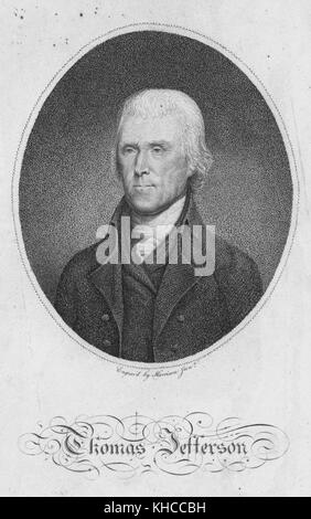 Engraved portrait of Thomas Jefferson, draftsman of the US Declaration of Independence and the nation's third president, 1880. From the New York Public Library. Stock Photo