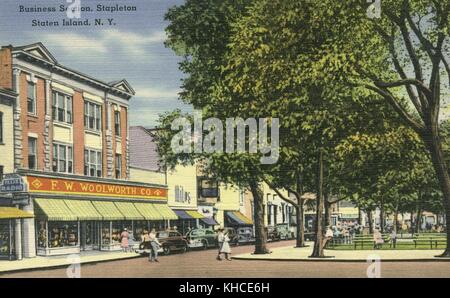 Hand colored postcard of corner of park, with people in street, 1940's cars parked in front of shops, FW Woolworth, Company, and Miles shoes, titled 'Business Section, Stapleton, Staten Island, New York', Staten Island, New York, 1900. From the New York Public Library. Stock Photo