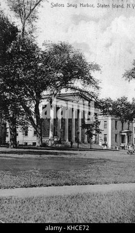 A postcard from an exterior photograph of a portion of Temple Row, two of the buildings built in a Greek Revival style can be seen, large columns support a roof over the entrance way to the building in the center of the photograph, the image also includes a large lawn, trees and a sidewalk, Sailors' Snug Harbor, Staten Island, New York, 1900. From the New York Public Library. Stock Photo